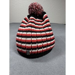 Spyder Beanie Hat Adult One Size Red Black White Striped Knit Pom Pom Winter